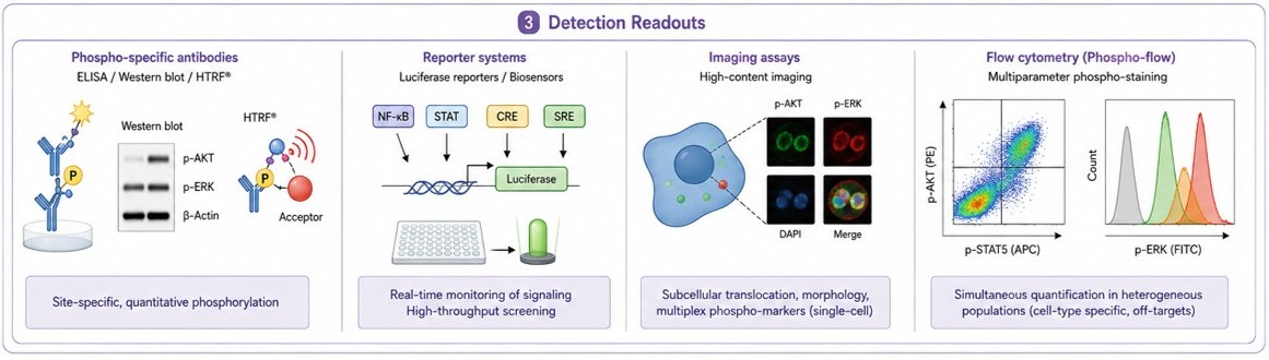Detection readouts of cell-based kinase assays